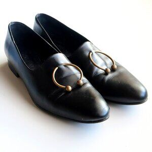 Freda Salvador Black Leather Low Heel Loafers Slip-on Shoes with Ring Detail